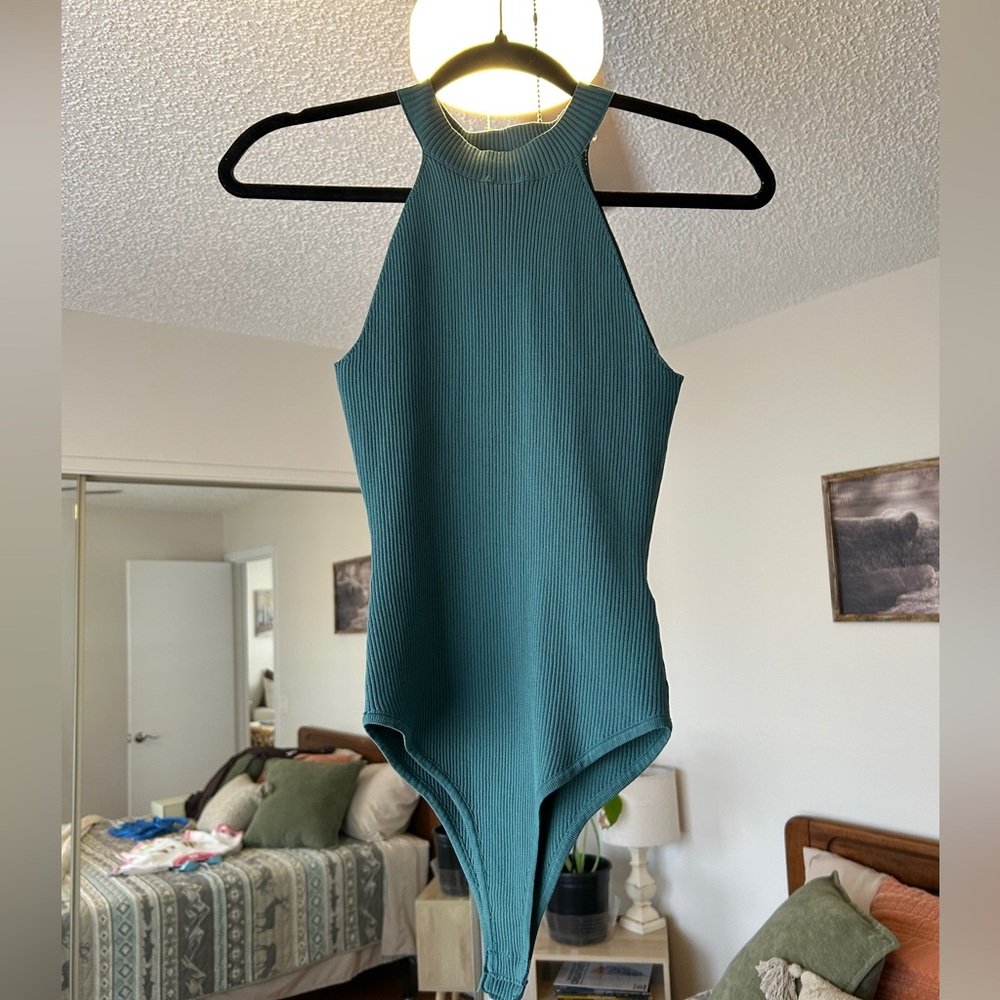 Ribbed High-Neck Bodysuit in Teal